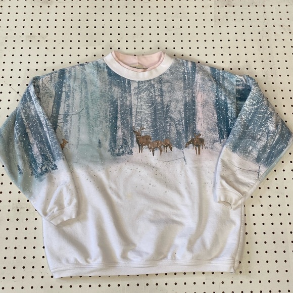 Artisan Tops - GUC Vintage 90s Artisans Crewneck Sweatshirt Nature Scene Deer All Over Print